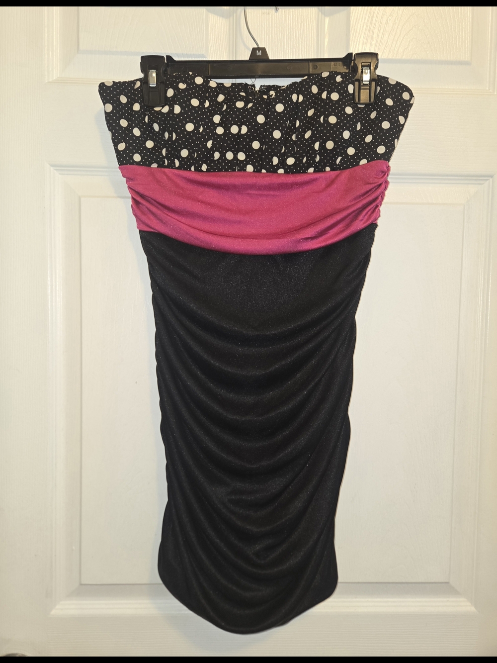 Speechless Black Polka Dot & Hot Pink Strapless Ruched Dress